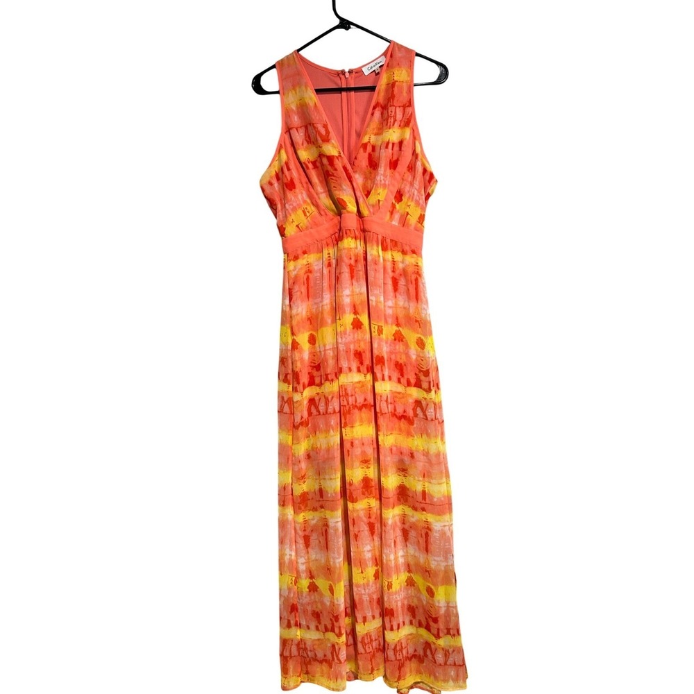 Calvin Klein Maxi Dress Womens 8 Orange Yellow lightweight Side Slits Resort